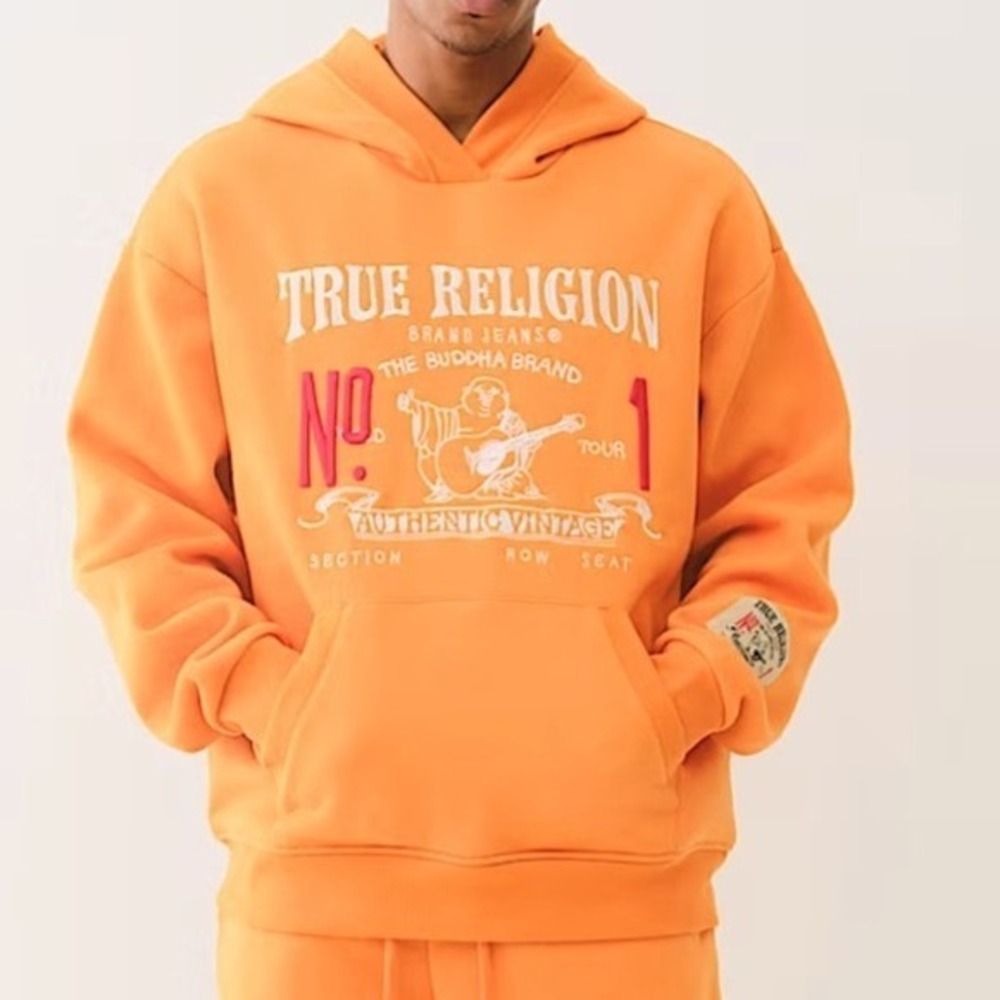 True Religion Mens True Vintage No 1 Buddha Tour Hoodie Orange Sweatshirt Small